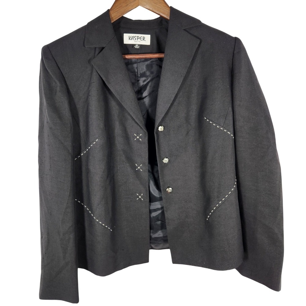Kasper Womens Black TWO PIECE Suit Blazer Skirt Contrast Stitch Size 4P 4 Petite